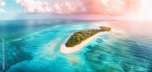 Aerial view of a tropical island with blue ocean and a pink sky.