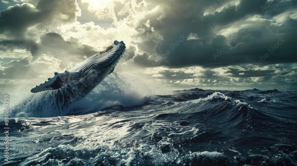 Fototapeta premium Majestic whale breaching in dramatic ocean with dark clouds