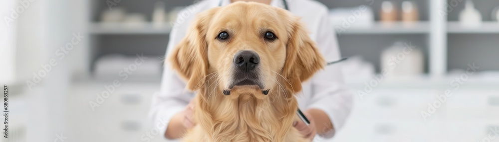 Golden Retriever with a glossy coat, receiving a luxurious grooming session, breed focus, care concept Golden Retriever with a glossy coat, receiving a luxurious grooming session, breed focus, care concept