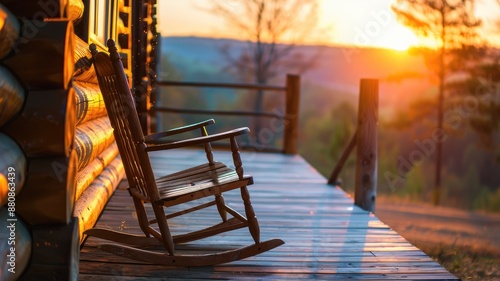 Wooden rocking chair on porch at sunset with rolling hills in background