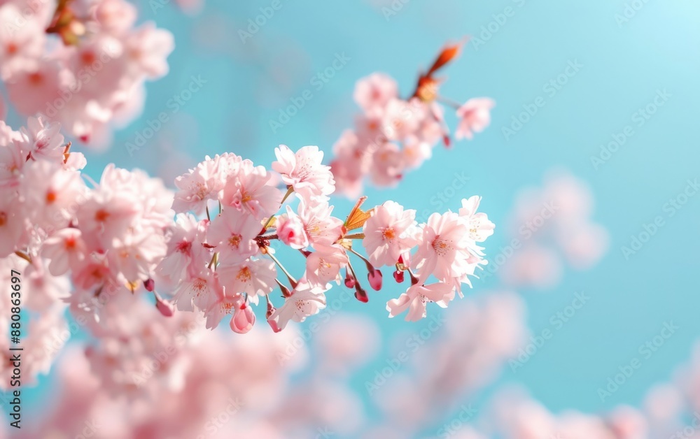 Delicate pink cherry blossoms bloom against a bright blue sky. Delicate pink cherry blossoms bloom against a bright blue sky.