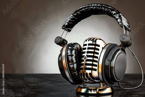 Vintage microphone and headphones. Concept audio and studio reco photo