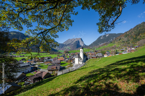 The village of Schoppernau with Kanisfluh mountain in the background in the Bregenz Forrest - Bergenzerwald - in the State of Vorarlberg, Austria photo