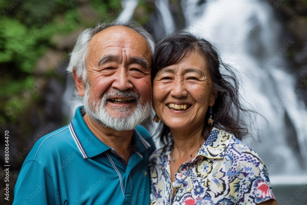 Portrait of a joyful multicultural couple in their 60s wearing a sporty polo shirt over backdrop of a spectacular waterfall Portrait of a joyful multicultural couple in their 60s wearing a sporty polo shirt over backdrop of a spectacular waterfall
