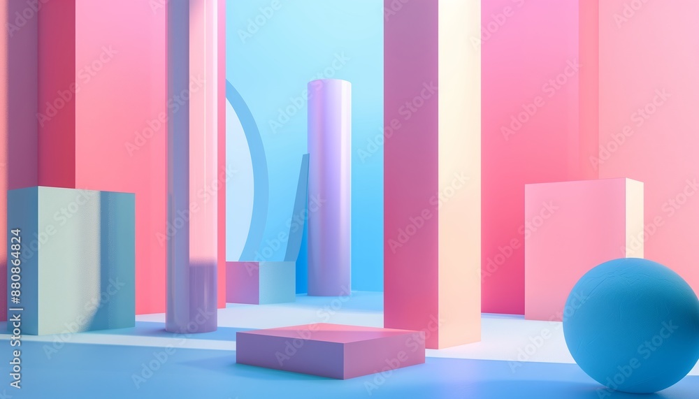 This image displays a variety of 3D geometric shapes in bright colors, arranged in a softly lit, dreamy, ambient space. This image displays a variety of 3D geometric shapes in bright colors, arranged in a softly lit, dreamy, ambient space.
