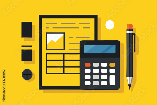 Crunching Numbers: A Flat Lay Composition of Black Pen and Calculator on Vivid Yellow Background for Financial Calculations and Analysis