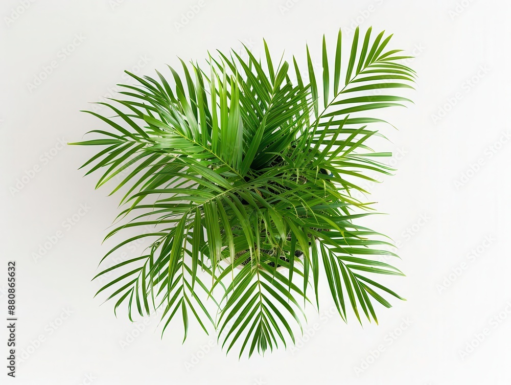 topdown view of lush areca palm in modern planter vibrant green fronds radiating outward on minimalist white surface
