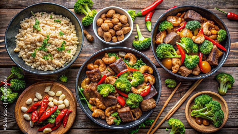 Vibrant top view collage of three savory Chinese stir-fries: beef and broccoli, chicken with cashews, and sweet and sour pork, arranged artfully on a table. Vibrant top view collage of three savory Chinese stir-fries: beef and broccoli, chicken with cashews, and sweet and sour pork, arranged artfully on a table.