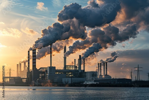 Smoke emissions escaping out of large industrial chimneys from a factory