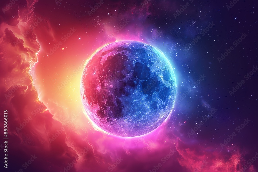 Fototapeta premium Sun Eclipse with Pink and blue Fire on bright Background, elegant. Moon Design with Glowing Light. Space and Science concept