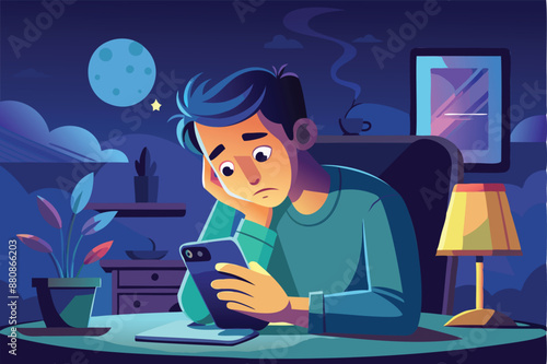 Late Night Smartphone Addiction, Exhausted Man Facing Bright Screen Light, Wasting Time Doom Scrolling