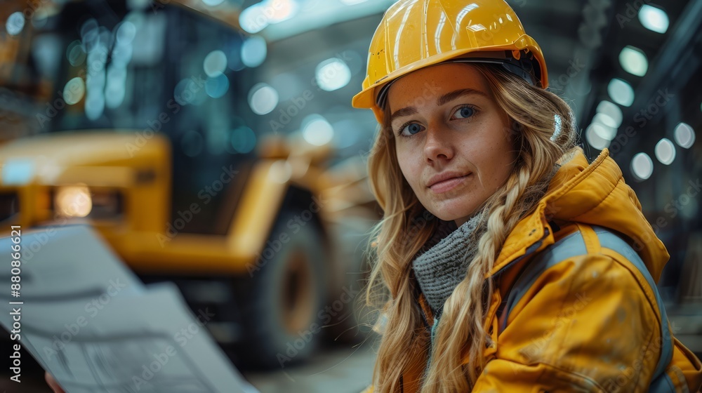 Female engineer examining plans on a construction site, concrete mixer and steel beams visible. Female engineer examining plans on a construction site, concrete mixer and steel beams visible.
