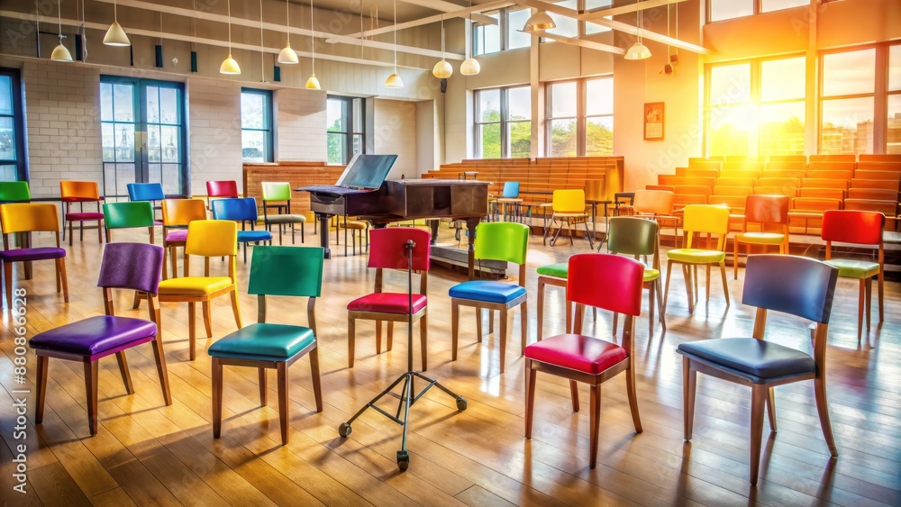 Empty school classroom with colorful chairs and music stands, awaiting young voices, piano and musical notes scattered, warm lighting and soft focus atmosphere. Empty school classroom with colorful chairs and music stands, awaiting young voices, piano and musical notes scattered, warm lighting and soft focus atmosphere.