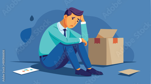 Depressed entrepreneur sitting with box on head, feeling shameful and unable to face society after business failure, bankruptcy, or unlucky misfortune