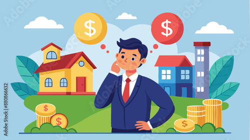 Businessman contemplates decision between paying off mortgage or investing in stock market for maximum profit and financial benefit