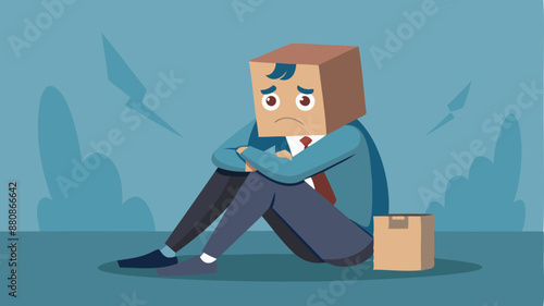 Depressed entrepreneur sitting with box on head, feeling shameful and unable to face society after business failure, bankruptcy, or unlucky misfortune