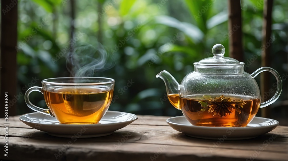 glass tea pot pouring warm tea into a teacup on a rust background glass tea pot pouring warm tea into a teacup on a rust background