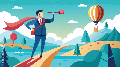 Visionary Businessman Navigating Path to Success with Spyglass and Hot Air Balloon