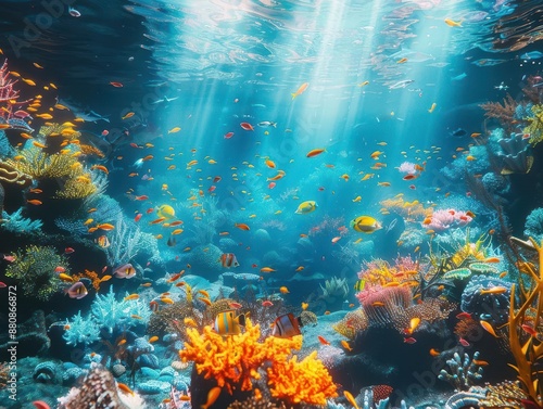 underwater scene of vibrant coral reef teeming with exotic fish shafts of sunlight penetrating crystalclear water creating a mesmerizing aquariumlike environment