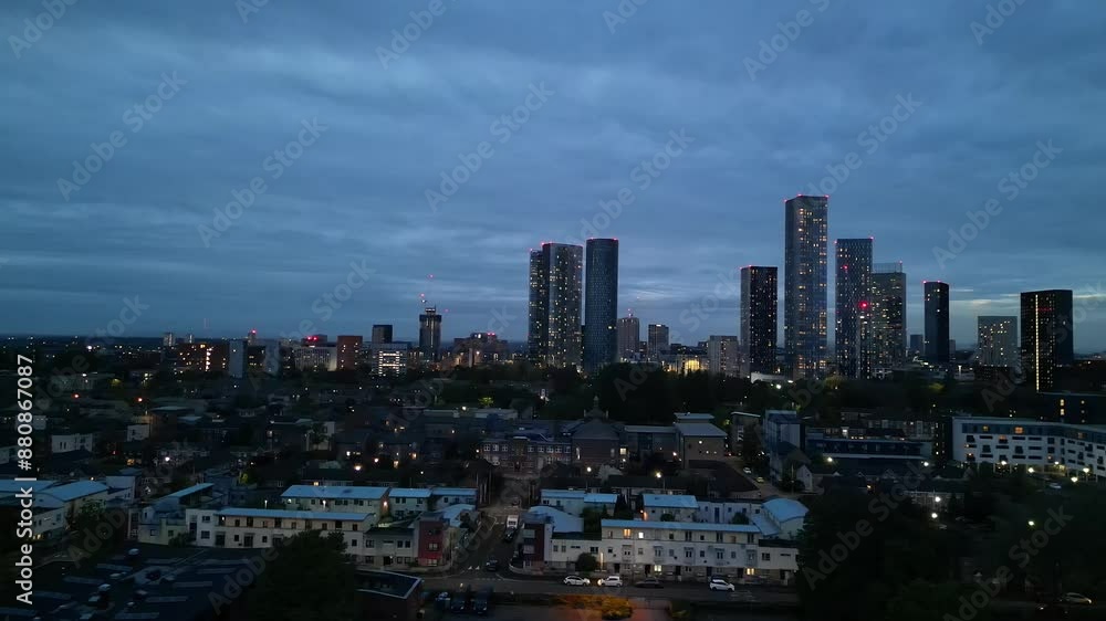 Aerial View of Illuminated Greater Manchester Central City During Cloudy Night, Northwest of England, United Kingdom. May 4th, 2024 Aerial View of Illuminated Greater Manchester Central City During Cloudy Night, Northwest of England, United Kingdom. May 4th, 2024