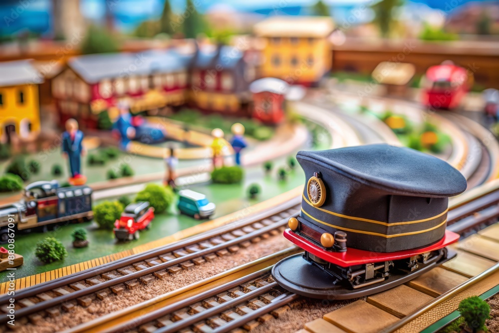 Mini Train Conductor Adorable child-sized train conductor hat lies beside a detailed model ...
