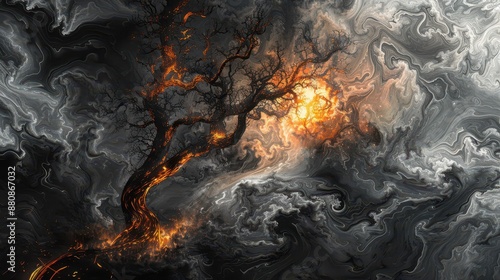 A close-up abstract artwork of global warming, a single burning tree with bright flames, against a background of swirling, turbulent skies in shades of black and grey photo