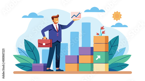 Lean Startup Methodology: Agile Management for Fast Product Launch, Businessman Shows Growth Graph on Box Stack