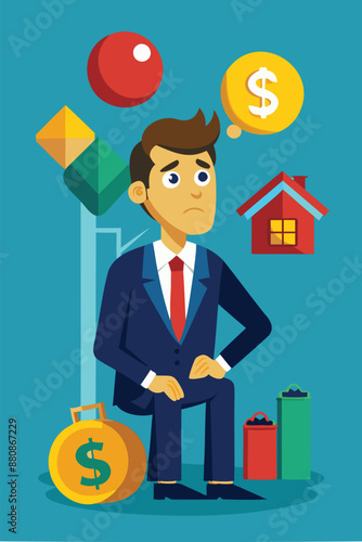 Businessman contemplates decision between paying off mortgage or investing in stock market for maximum profit and financial benefit