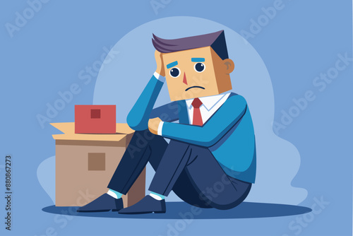 Depressed entrepreneur sitting with box on head, feeling shameful and unable to face society after business failure, bankruptcy, or unlucky misfortune