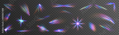 A set of colourful vector lens, crystal rainbow light and flare transparent effects. Prism light overlay flare glossy background texture.	