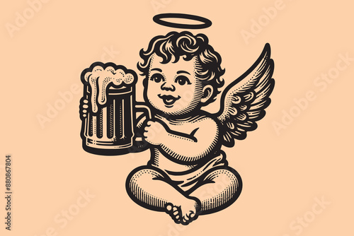  Cute Cupid with a mug of beer. Vintage black engraving illustration. Icon, logo, emblem. Isolated object