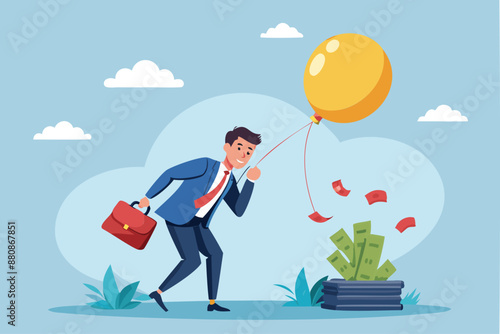 Businessman investor holds flying balloon tightly, fearing fall as financial bubble inflates from QE injected money concept
