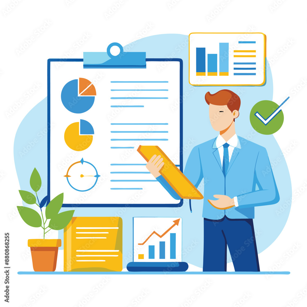 Vector Illustration of Analytical Data and Graphs for Manager Report on White Background Vector Illustration of Analytical Data and Graphs for Manager Report on White Background