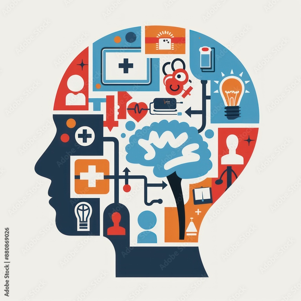 Human Brain Conceptual Illustration with Icons Human Brain Conceptual Illustration with Icons