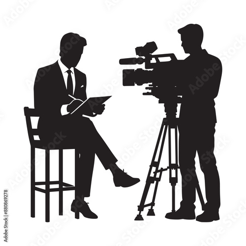News reporter with cameraman silhouette vector isolated on a white background