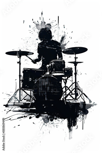 A black and white sketch of a person playing drums