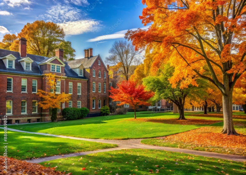 Naklejka premium Vibrant autumn leaves surround historic brick buildings and sprawling green lawns on a serene university campus, capturing the essence of a peaceful fall season atmosphere.