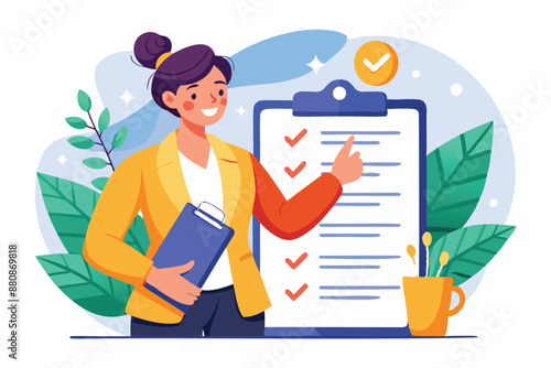 Employee Performance Evaluation: Businesswoman Giving Tick on Assessment Checklist for Satisfaction and Improvement