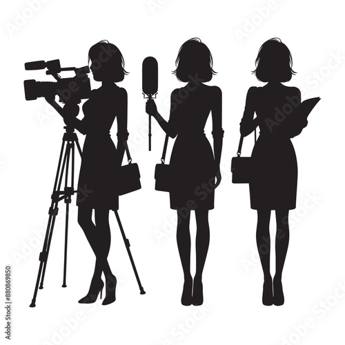 News reporter with cameraman silhouette vector isolated on a white background
