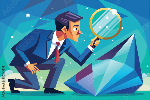 Businessman with Magnifying Glass Searching for Rare Diamond Gem, Valuable Opportunity