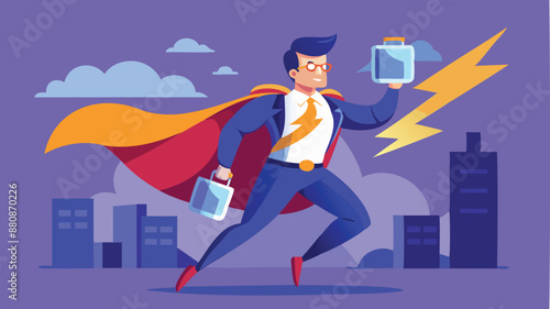 Energetic businessman superhero carries fully recharged battery, symbolizing refreshed energy to work efficiently and recover from burnout