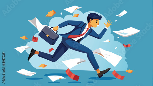 Overwhelmed Businessman Runaway from Paperwork Pile, Stress and Burnout Concept