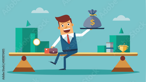 Overworked Businessman on Seesaw Balancing Wages Money Bag and Busy Desk