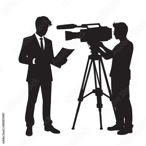News reporter with cameraman silhouette vector isolated on a white background