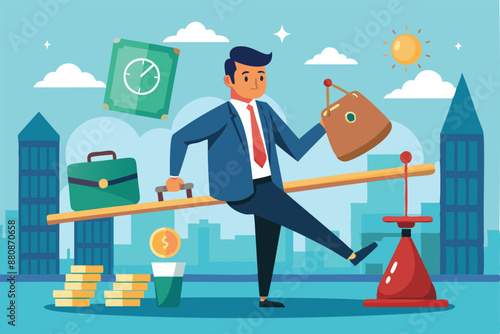Overworked Businessman on Seesaw Balancing Wages Money Bag and Busy Desk