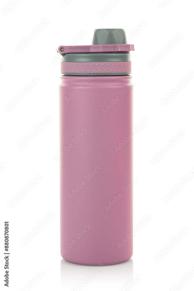 Pink vacuum insulated water bottle isolated on white background with clipping path. For hot and cold drinks. Pink vacuum insulated water bottle isolated on white background with clipping path. For hot and cold drinks.