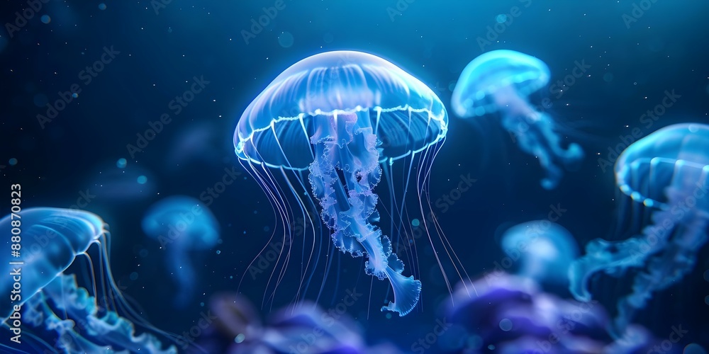 Fototapeta premium Underwater world with jellyfish glowing in the dark creating mystical ambiance. Concept Underwater Photography, Jellyfish Glow, Dark Ambiance, Mystical Setting