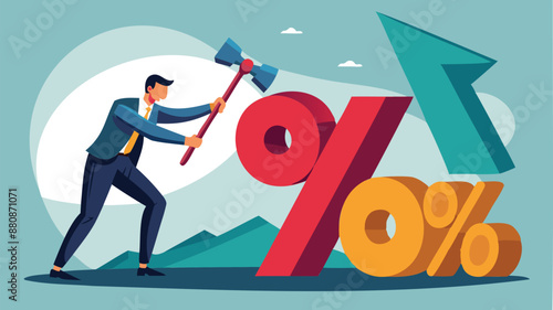 Federal Reserve's Low Interest Rates: Businessman Hammers Percentage Sign to the Floor, Symbolizing Economic Recovery Efforts