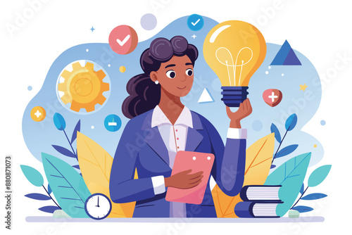 Businesswoman Contemplates Strategy, Expertise, and Problem-Solving with Illuminating Idea in Hand