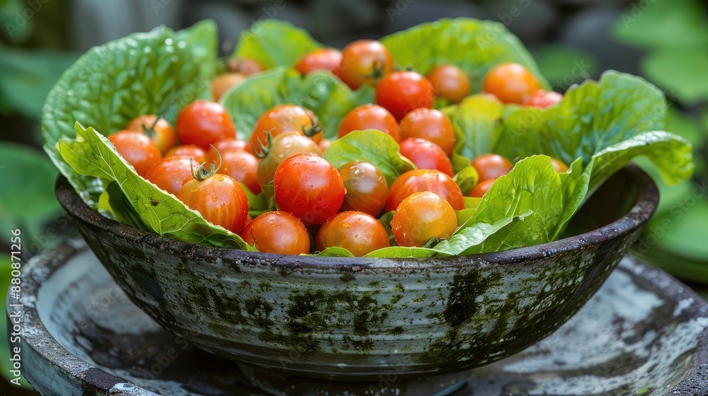 Crisp lettuce and vibrant cherry tomatoes in a bowl Crisp lettuce and vibrant cherry tomatoes in a bowl